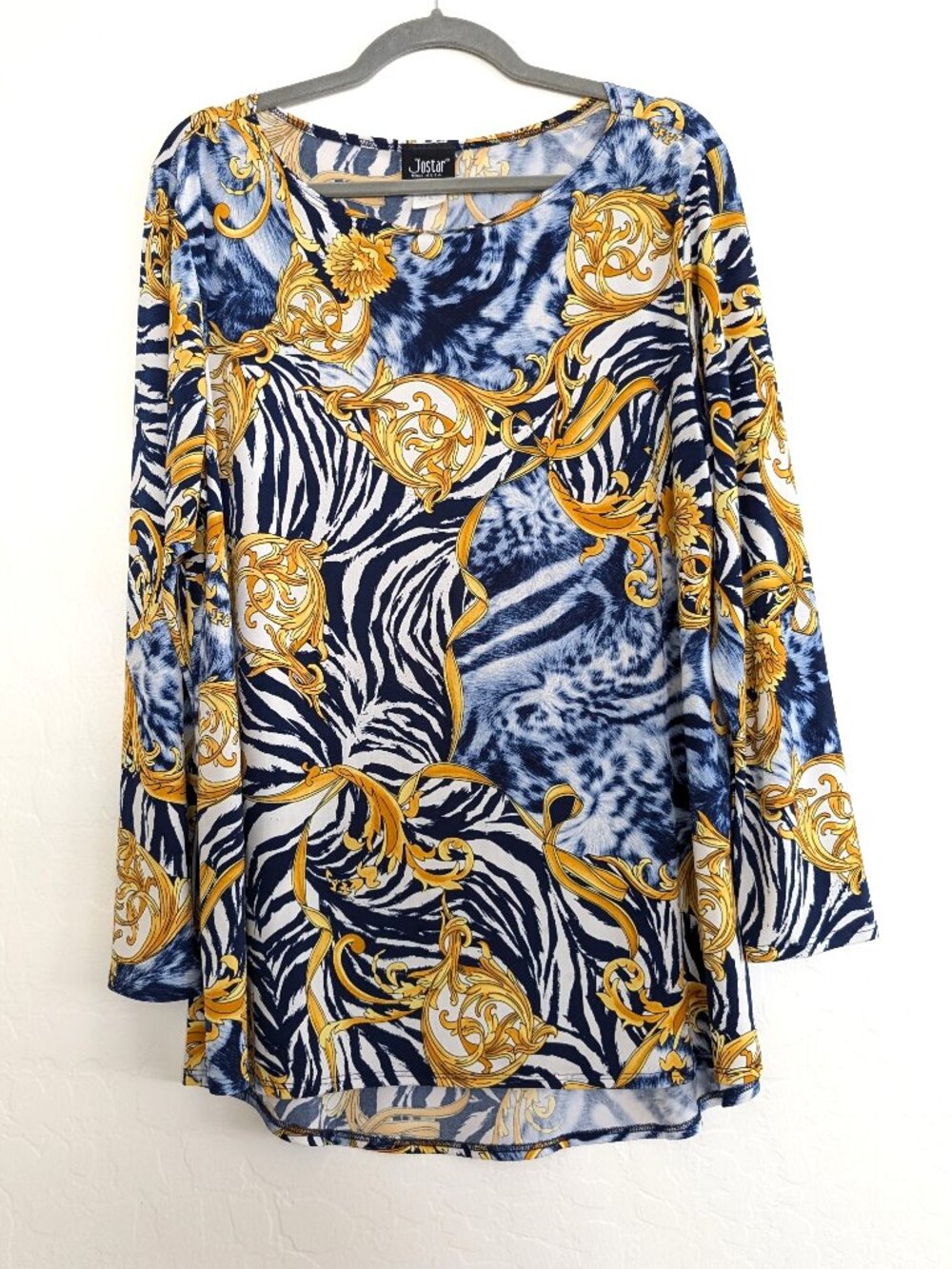 JOSTAR Blouse 2XL Multicolor Scroll Zebra Floral Round Neck Long Sleeve Stretch